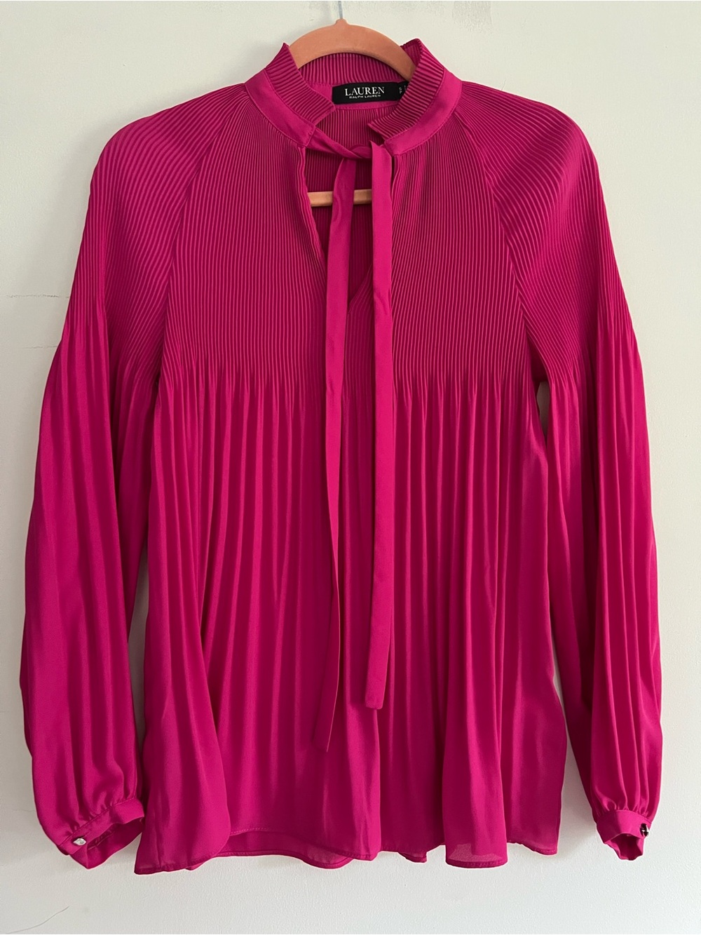Ralph Lauren Hot Pink Pleated Tie-Neck Blouse